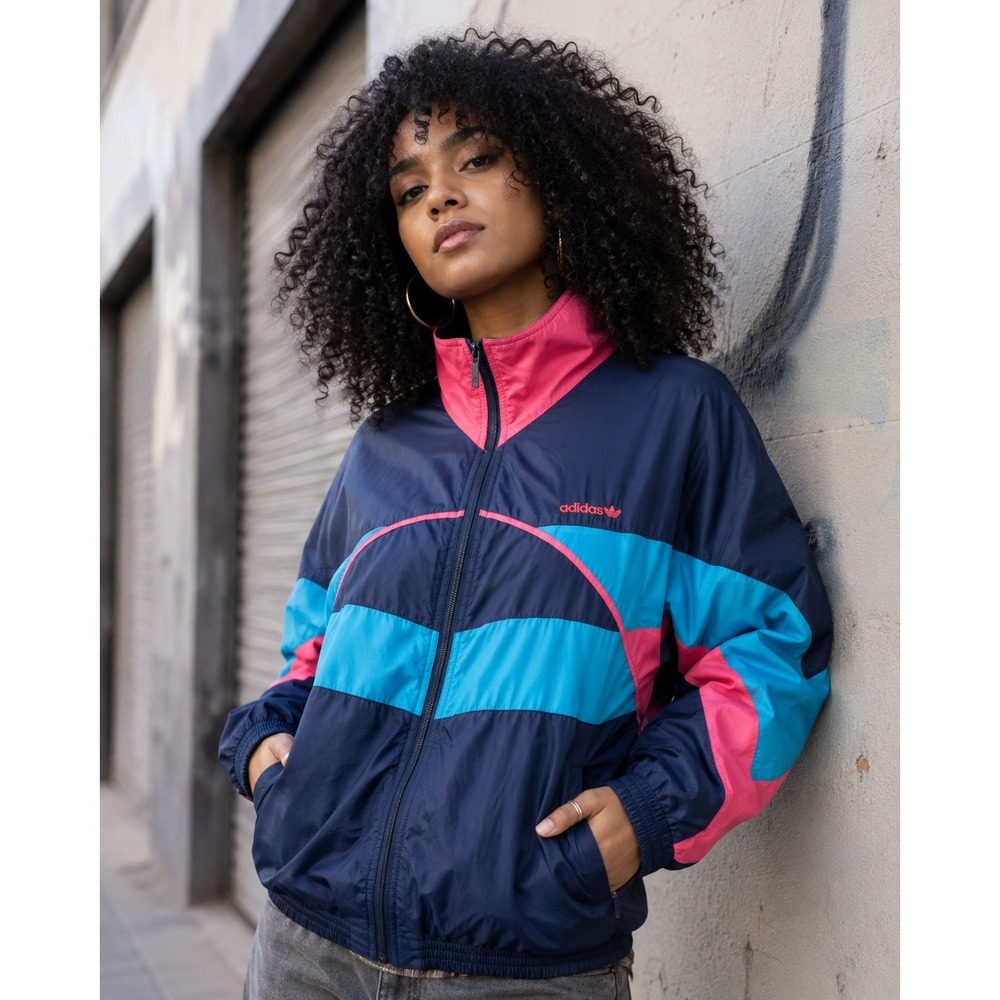 Vintage Adidas Windbreaker Jacket Navy Pink Teal Colorblock Trefoil Large